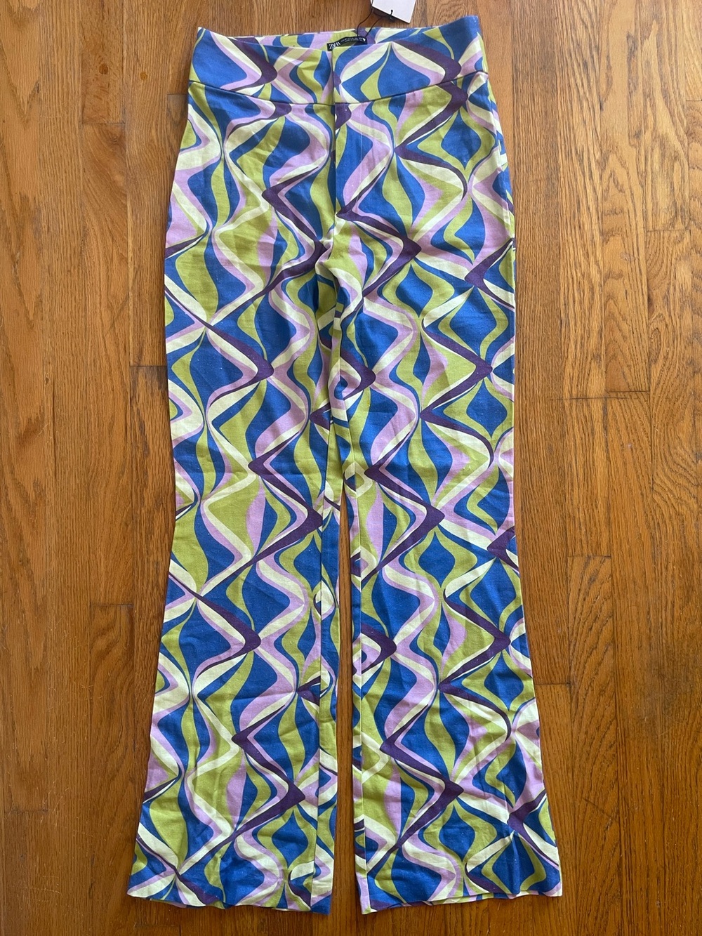 Zara Multicolor Retro Flare Pants — Blue, Green & Purple